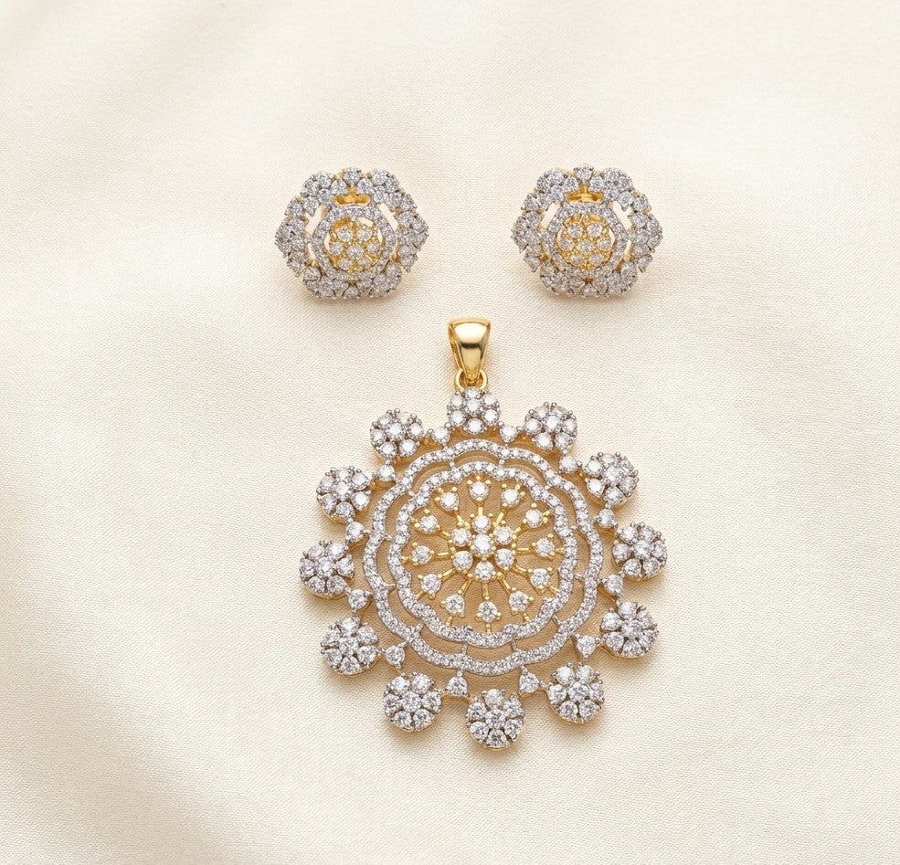 Floral design diamond replica pendent and earring