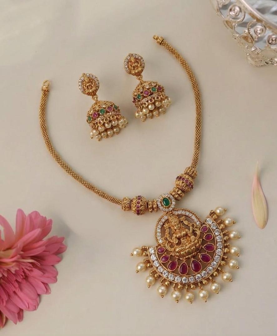 Lakshmi pendent with stones necklace